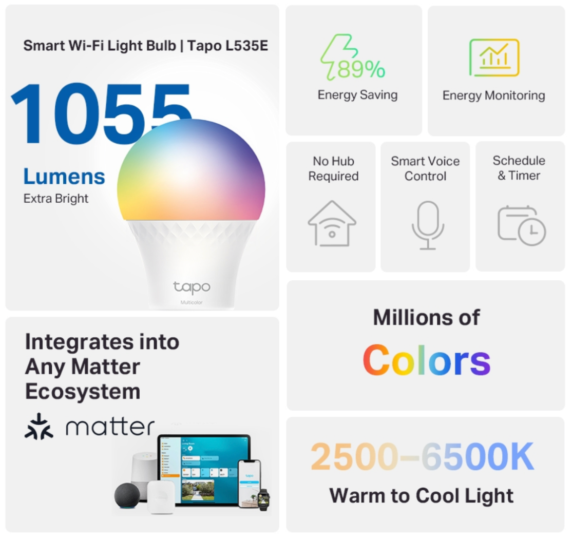 Tapo Smart WiFi Light Bulb, Multicolor